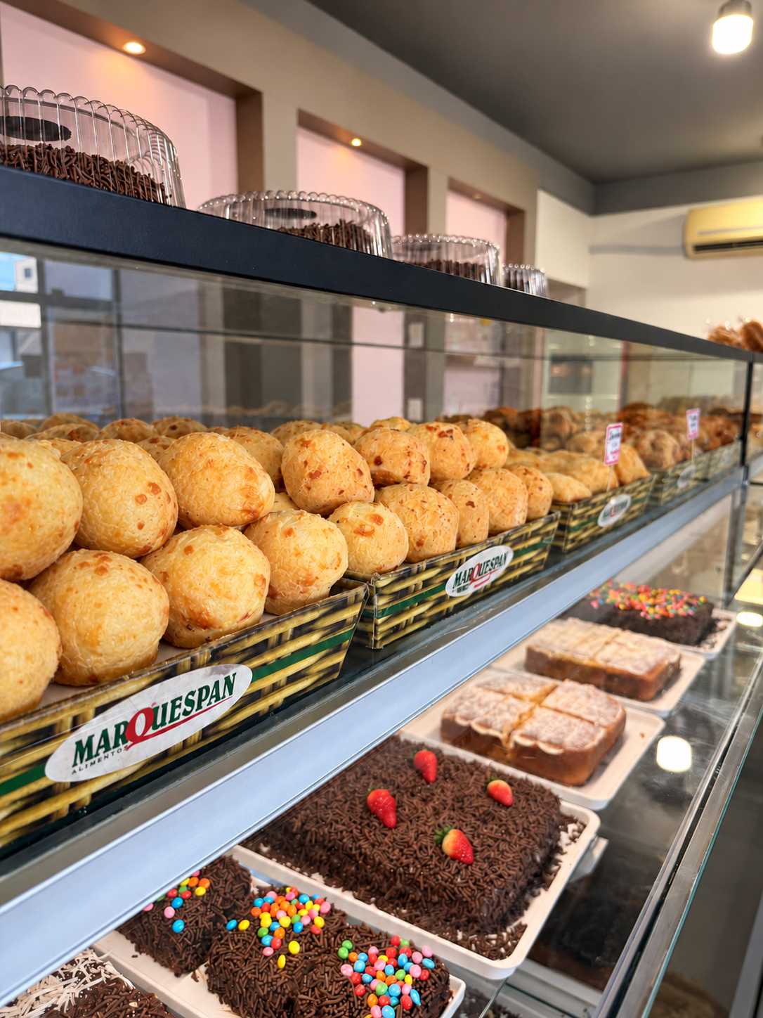 Bandejas de pão de queijo quentinho na vitrine da padaria