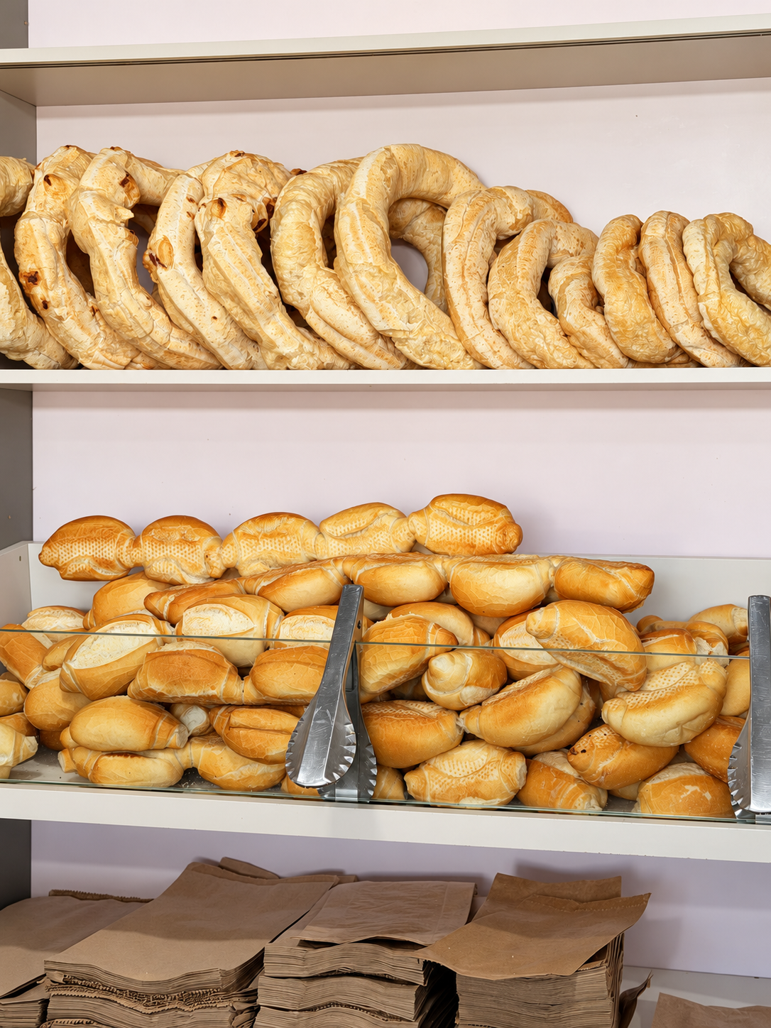 Prateleira da padaria com pães franceses frescos e roscas de polvilho assados