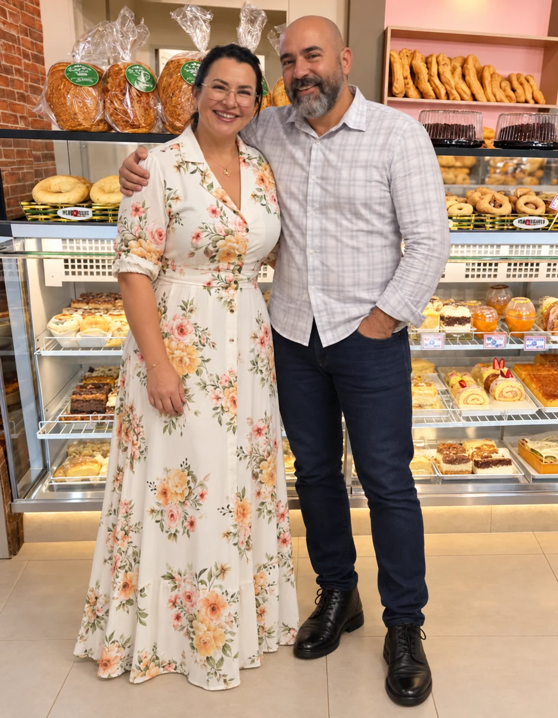 Casal à frente da Pães & Doces, em pé diante da vitrine de doces e das cestas de pães