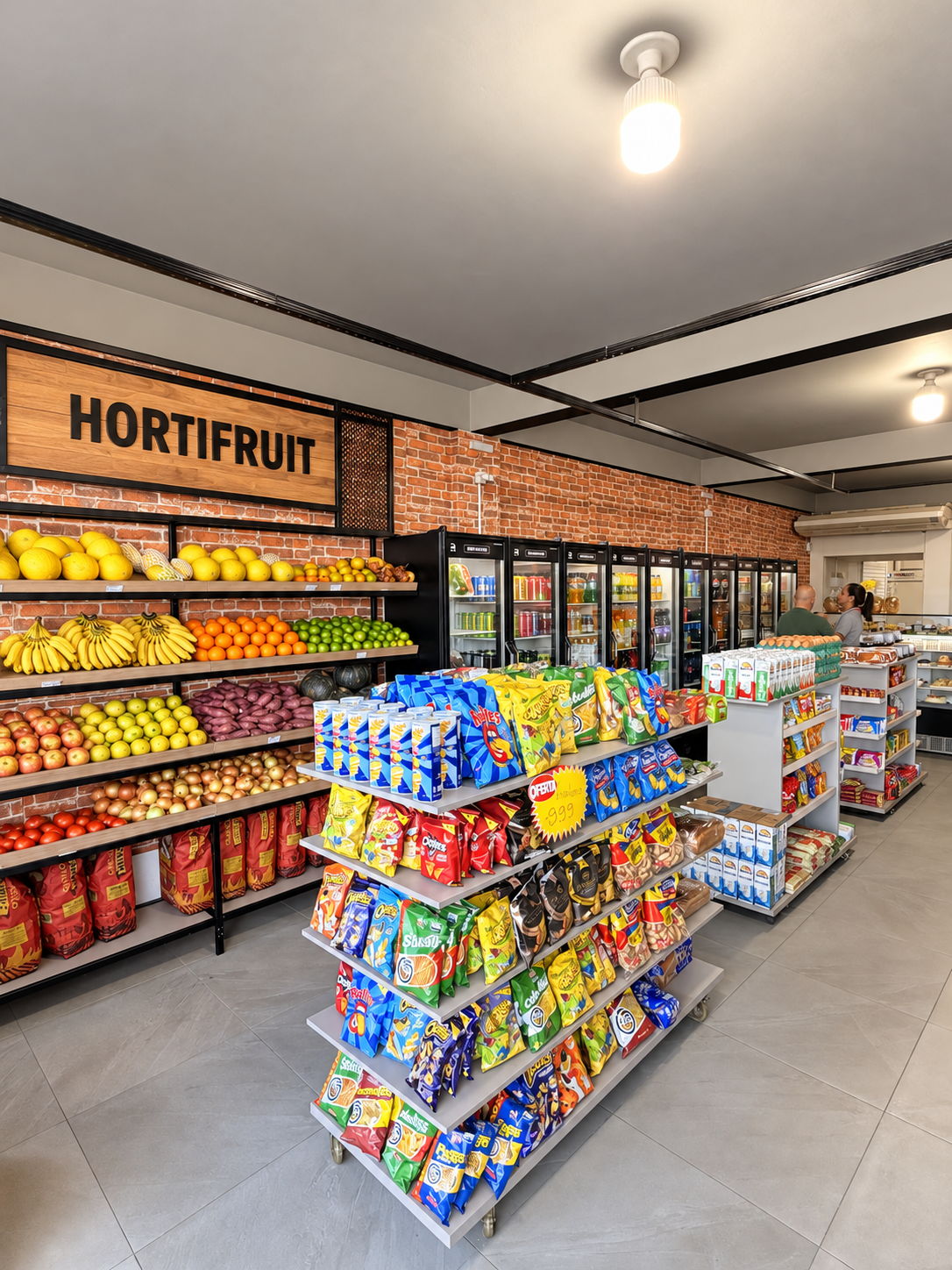 Bancada de hortifrúti renovada com frutas, legumes e verduras frescas